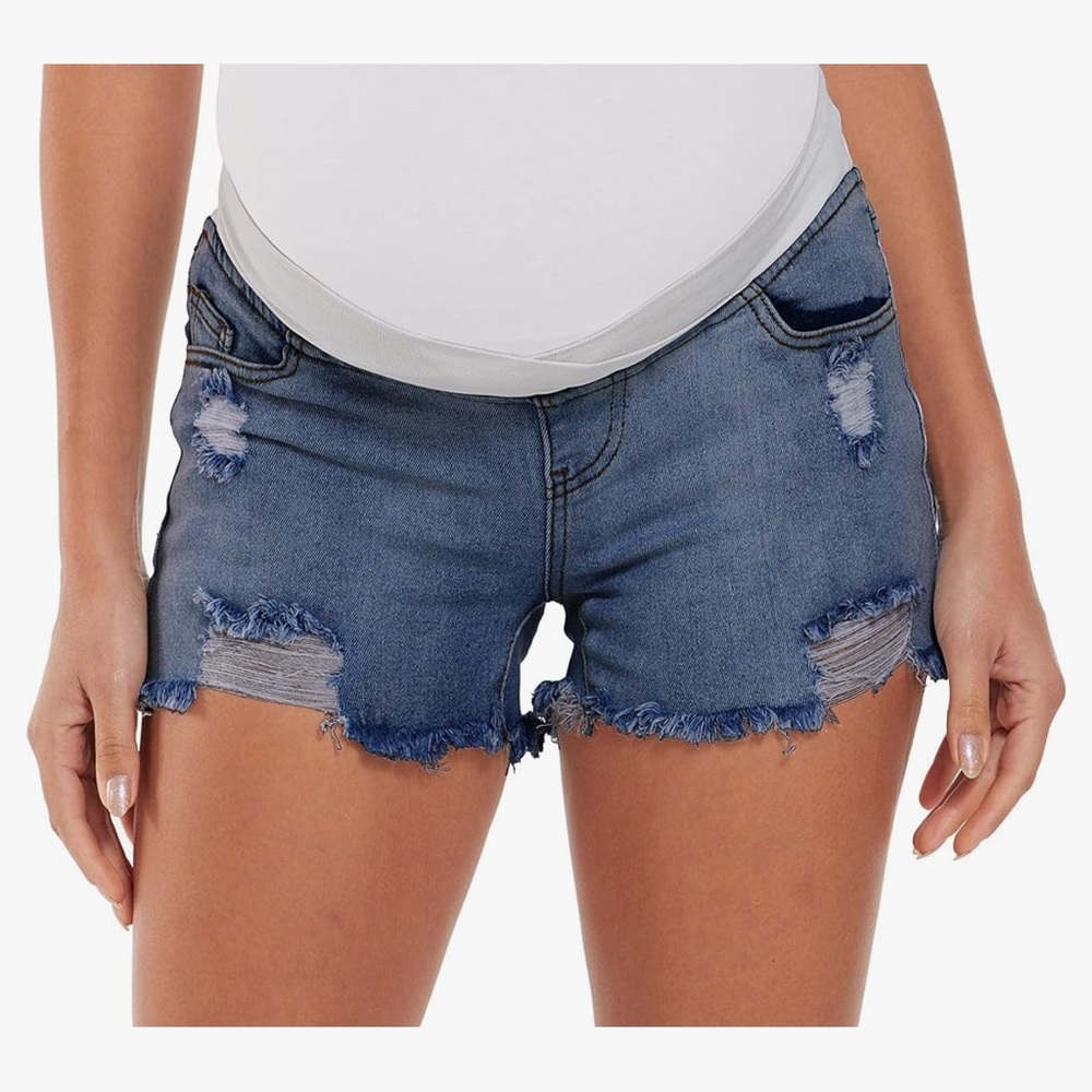 Denim Maternity Jean Shorts in Medium Blue - Distressed Hem
